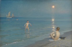 Jungen baden in Skagen. Sommerabend