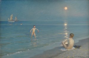 Jungen baden in Skagen. Sommerabend