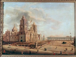 Ansicht der Metropolitan-Kathedrale und des Nationalpalastes, Mexiko-Stadt. Gemälde von Pedro Gualdi von Pedro Gualdi
