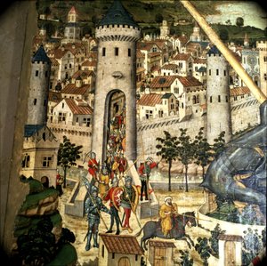 Altarbild des Heiligen Georg: Eroberung von Palma de Mallorca 1229 durch die Truppen von Jacques I., König von Aragon (Detail) von Pedro Nisart