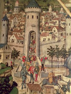 Altarpiece von Saint Jordi, Detail zeigt die Eroberung der Stadt Mallorca durch die Armee von James I. von Pedro Nisart