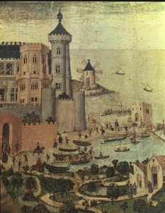 Der Hafen von Mallorca mit den Almudaine-Türmen während der Eroberung der Stadt durch Jakob I. (Detail) von Pedro Nisart