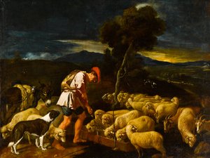 Jakob tränkt Labans Schafe vor geschälten Zweigen, ca. 1612-1622