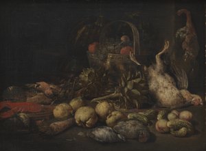 Stillleben mit Früchten und Vögeln