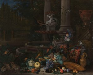 Stillleben mit Gemüse vor einem drapierten, umgestürzten Sockel bei einem Zierbrunnen