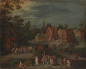 Dorf mit einem Puppenspieler, der eine kleine Menge unterhält von Peeter Gijsels