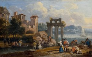 Figuren in einer Landschaft, die sich in der Nähe einer Ruine ausruhen