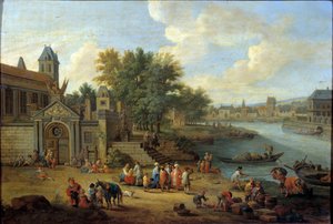 Der Eingang zum Arsenal, die Insel Louviers und die Spitze der Insel Saint Louis in Paris um 1670. Gemälde von Peeter Bout (1658-1719) 17. Jahrhundert