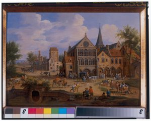 Stadtszene mit Bauern, die vor einer Kirche Kegeln spielen