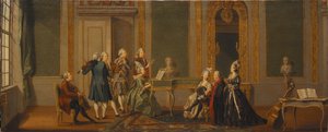 Gustavianischer Innenraum mit einer Musikgesellschaft