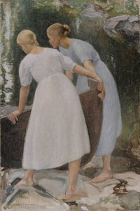Mädchen schieben ein Boot, 1925