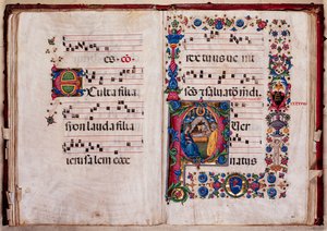 Piccolomini-Bibliothek: Chorbuch, cod. 102.8, ff. 47v-48r mit „Geburt Christi“