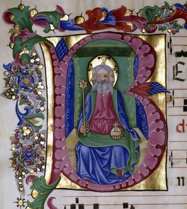 Die Heilige Dreifaltigkeit: Gott der Vater in seiner Majestät auf dem Thron, hält Kugel und Zepter, dargestellt mit drei Gesichtern, innerhalb eines Initials "B", ca. 1480 von Pellegrino di Mariano