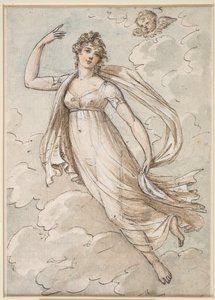 Frau schwebt am Himmel, beobachtet von einem Cherub