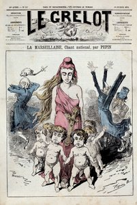 Eine der „Die Glocke“ darstellend eine Allegorie der Nationalhymne „La Marseillaise“ voranschreitend, während die Adligen ihre Ohren verstopfen und fliehen. Illustration von Pepin. 10/02/1878. Private Sammlung von Pepin