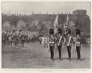 Der König und das 3. Bataillon der Scots Guards, Offiziere mit den neuen Farben marschieren an Seiner Majestät vorbei von Percy F.S. Spence