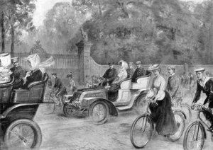 Autos und Fahrräder in der Kensington High Street, London, 1903
