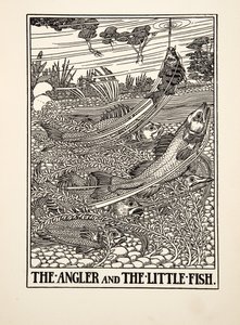 Der Angler und der kleine Fisch, aus Hundert Fabeln von Äsop, veröffentlicht 1903 (Gravur)