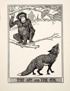 Der Affe und der Fuchs, aus Hundert Fabeln von Äsop, veröffentlicht 1903 (Gravur)