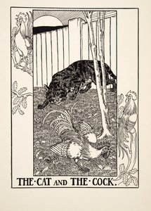 Die Katze und der Hahn, aus Hundert Fabeln von Äsop, veröffentlicht 1903 von Percy J. Billingshurst