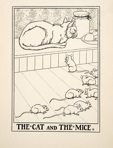 Die Katze und die Mäuse, aus Hundert Fabeln von Äsop, veröffentlicht 1903 (Gravur)