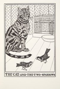 Die Katze und die zwei Spatzen, aus Fontaine Fabeln, veröffentlicht 1905
