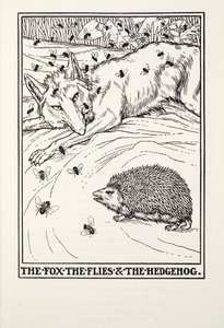 Der Fuchs, die Fliegen und der Igel, aus Fontaine Fabeln, veröffentlicht 1905