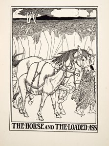Das Pferd und der beladene Esel, aus Hundert Fabeln von Äsop, veröffentlicht 1903 (Gravur)