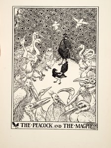 Der Pfau und die Elster, aus Hundert Fabeln von Äsop, veröffentlicht 1903 (Gravur)