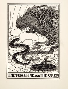 Der Stachelschwein und die Schlangen, aus Hundert Fabeln von Äsop, veröffentlicht 1903 (Gravur)