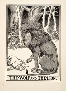 Der Wolf und der Löwe, aus Hundert Fabeln von Äsop, veröffentlicht 1903 (Gravur) von Percy J. Billingshurst