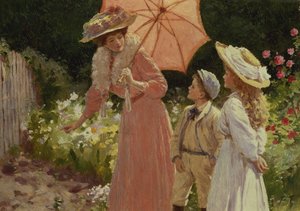 Eine Dame mit einem Sonnenschirm zeigt, wie man ein Erdbeerfass macht