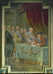 Karl III. (1716-88) unterzeichnet das Dekret zur Genehmigung des Handels mit Asien und den Philippinen