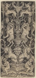 Ornamenttafel mit zwei nackten Kindern auf monströsen Tieren von Peregrino da Cesena