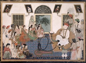 Ein Europäer, wahrscheinlich Sir David Ochterlony (1758-1825), in indischer Kleidung, raucht eine Wasserpfeife und beobachtet einen Nautch in seinem Haus in Delhi, c.1820 von Persian School
