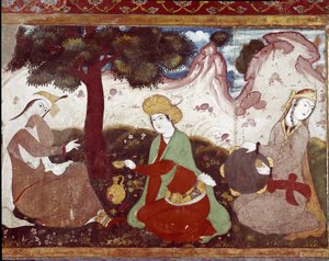 Eine persische Prinzessin mit ihren Kurtisanen in einem Garten des 17. Jahrhunderts. Fresko aus dem Palast der 40 Säulen (Chehel Sotoun) in Isfahan, Iran von Persian School