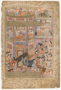 Ali hebt die Tore von Qamus, aus einem Rawzat al-safa, 1571-72