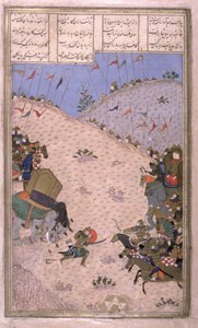 Bahram Chubina, sein Elefant getötet, kämpft zu Fuß, Illustration aus dem Shahnama (Buch der Könige) von Abul-Qasim Manur Firdawsi (ca. 934-ca. 1020) ca. 1440-45 von Persian School