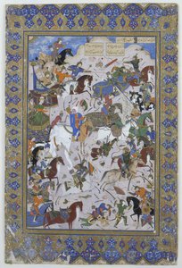 Schlacht zwischen Khusrau und Bahram Chubaina, aus dem Gedicht Layla und Majnun ursprünglich von Nizami, 1540