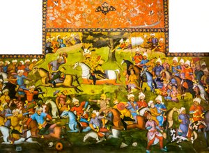 Schlacht von Taher-Abad oder Schlacht von Merv mit Sieg von Shah Ismail I über Muhammad Shaybani Khan, Empfangshalle, Chehel Sotun, 1647 von Persian School