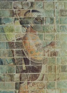 Detail eines Bogenschützen von einem Fries, aus dem Palast von Darius dem Großen (548-486 v. Chr.) in Susa, Iran, Achämenidenzeit, ca. 500 v. Chr. von Persian School