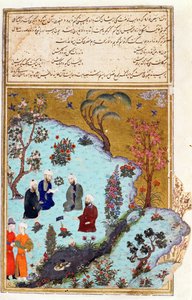 Firdawsi und die drei Hofdichter von Ghazna, Illustration aus dem Shahnama (Buch der Könige) von Abul-Qasim Manur Firdawsi (ca. 934-ca. 1020) ca. 1440-45 von Persian School