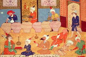 Detail eines Banketts mit Musikern, aus einem Gedichtbuch von Hafiz Shirazi von Persian School