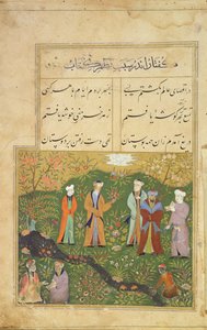 Folio 39, Eine Gartenszene, aus dem Bustan von Sadi (Der Blumengarten von Sadi), ein berühmtes persisches Werk moralischer Geschichten, von Dichter Muslih ad-Din Sadi, Mandu