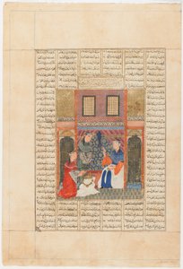 Folio aus einem Shahnama (Buch der Könige) von Firdawsi; Recto: Sandukht wird sich Rudabas Handlungen bewusst, Tabriz, Iran, Il-Khanid-Periode, um 1330-40 von Persian School
