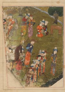 Seite aus einem Zafarnama; recto: Timur gewährt eine Audienz anlässlich seiner Thronbesteigung in Balkh; verso: Text, Schiras, Iran, Timuridenzeit, 1436 von Persian School