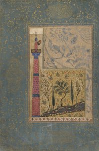 Seite aus einer Anthologie; Mann auf der Spitze eines Minaretts, Iran, 1417-18