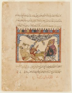 Seite aus einer arabischen Übersetzung der Materia Medica von Dioskurides; recto: ein Arzt behandelt einen verbundenen Mann; verso: Text, 1224