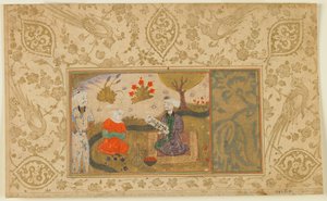 Seite aus einem unidentifizierten Text; Eine Frau spricht mit einem sitzenden Mann an einem Bach, Iran, ca. 1500
