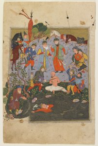 Garsivaz wird ausgepeitscht, während Afrasiyab aus dem See gezogen wird, aus einem Shahnama
